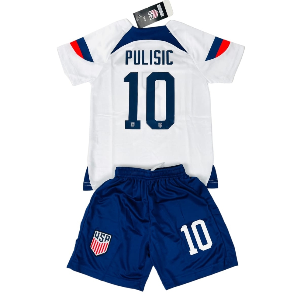 Nike Kids Soccer Jersey Set - White and Blue Pulisic, USA.
